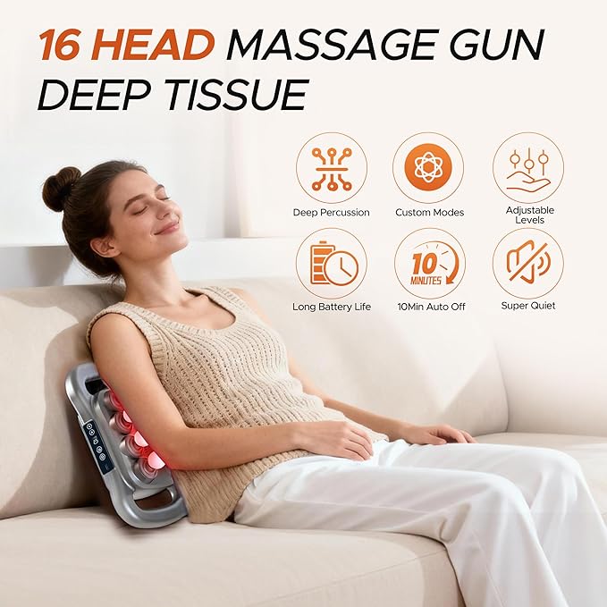 16 Head Massage Gun Deep Tissue - 2026 Upgrade 16-Drive Back Muscle Massager with Adjustable 9 Modes & 9 Levels, Quiet Percussion Massager for Legs, Waist, Back, Buttocks Muscles Pain Relief (Gray)