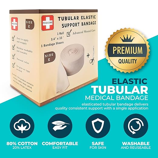 Tubular Compression Bandage Size E (3.4” x 33 ft) – Elastic Stockinette Support Sleeve for Legs, Knee, Small Thigh, Elbow, and Quads – Cut-to-Fit, Washable Reusable – Plus Medical Scissors