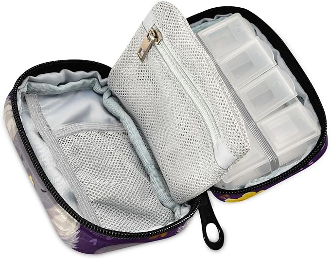 Purple Koala Heads and Flowers Travel Pill Organizer Case Box Container Weekly Portable Vitamin Medicine Holder Storage Bag with Zipper Removable