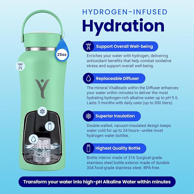 DYLN Hydrogen Water Bottle | Create Hydrating Alkaline Hydrogen-Rich Water Up to 9 pH | Vacuum Insulated Stainless Steel Water Bottle | Keeps Water Cold for 24 Hours