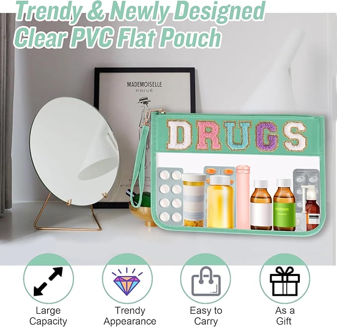Chenille Letter Clear Bag DRUGS Purse, Monogram PVC & PU Meds Travel Bag Zipper Pouch with Wristlet, Waterproof Portable Glitter Preppy Cosmetic Pouch Toiletry Bag for Women Girls (DRUGS-Green)