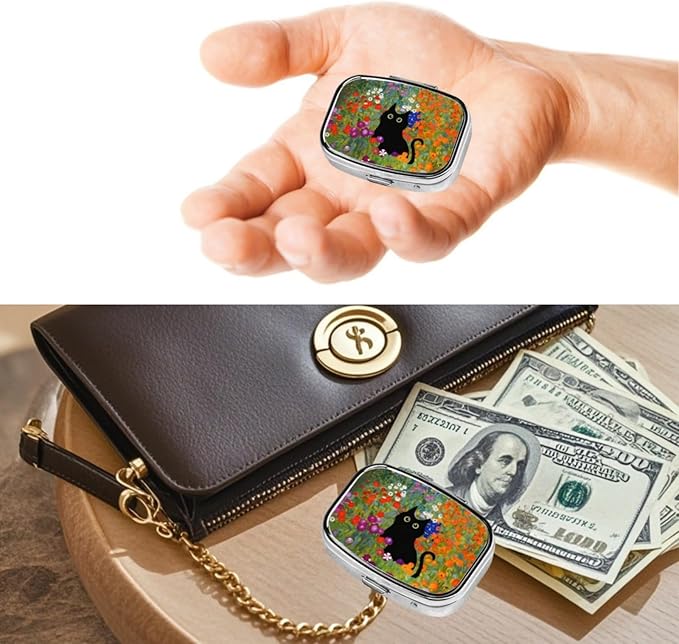 Metal 2 Compartment Square Pill Organizer Sealed Travel Pill Container, Mini Size Pill Box for Pocket Wallets Two Times a Day Compact Pill Case for Children, Men and Woman - Cute Flower Cat