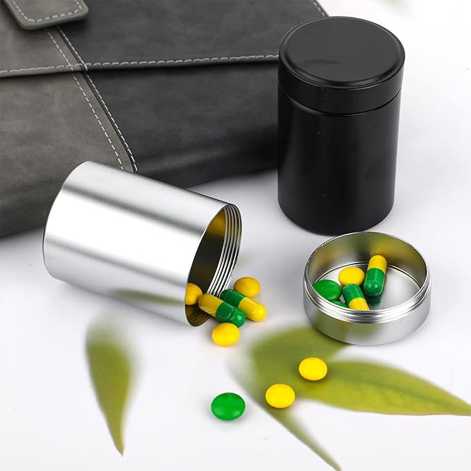 2pcs Portable Metal Pill Organizer, Round Daily Pill Box Holder Pocket Small Pill Case Medicine Organizer Vitamin Bottle Containers for Traveling Outdoor Fish Oils Supplements (Black+Silver)