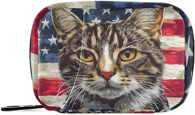 American Flag Cat Travel Medicine Organizer Bag Compact Pill Case with Inner Compartments & Secure Zipper for Women Men Seniors