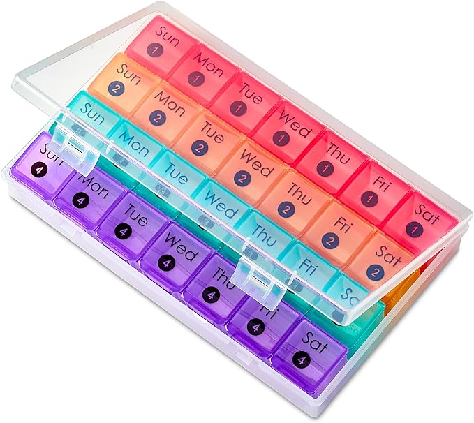 Extra Large Monthly Pill Organizer - 7-Day Color Once-A-Day Pill Dispenser w/ 4 Weekly Pill Containers for 28 Days - BPA-Free Dust-Proof Case XL Medicine Organizer Box for Pills, Tablets, Supplements