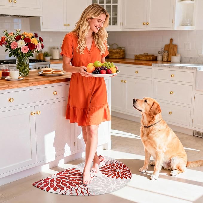 PVC Anti-Fatigue Semi Circle Kitchen Mats, Non-Slip Kitchen Rugs, Comfort Standing Runner Rug, Multipurpose Indoor Mats for Laundry, Office, Bedroom, Sink, Bathroom,red,size18 x30