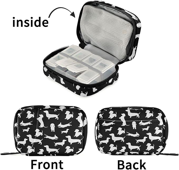 Ollabaky Black Dachshund Dogs Pill Organizer 7 Day Pill Case Travel Pill Organizer Bag Pill Box Portable Weekly Case with Zipper Compact Size for Vitamin Supplement Holder