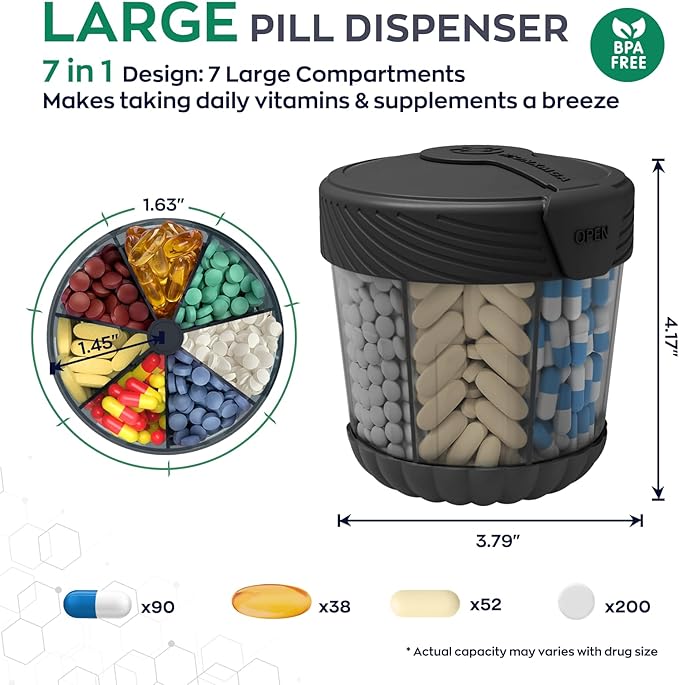 Pill Dispenser with 7 Large Compartments,Portable Pill Bottle Organizer for Travel,Anti-Mixing Supplement Organizer Easy Twist Wide-Opening Pill Container with 20Pcs Labels,Translucent Black