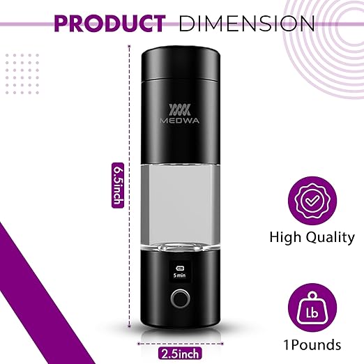 Rechargeable Hydrogen Water Bottle Generator with Cup for 230ml Rich H2 Water, High Concentration 5000ppb, LCD Display – Portable Ionized Hydrogen Water Machine with SPE/PEM Technology