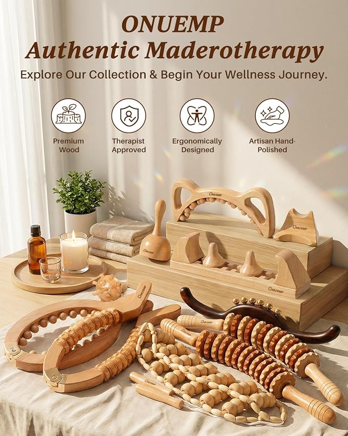 ONUEMP Cellulite Massage Tool, Wood Therapy Massage Tools Lymphatic Drainage Massager, Maderoterapia Kit Colombiana Lipedema Massagers Meridian Brush for Fascia Release, Body Sculpting