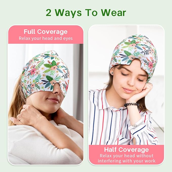 ZNÖCUETÖD Migraine Headache Relief Cap Hat, Head ice Pack Wrap Cooling Gel Ice Beanie Cold Cap Hot/Cold Compress Therapy for Sinus, Stress, Tension, Head Pain Relief - Reusable Gift for Women (White)