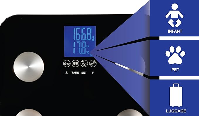 Ozeri Touch 440 lbs Total Body Weight Scale (Body Fat, Muscle, Bone, Weight & Hydration), Auto Recognition Bath Scale with Infant Tare