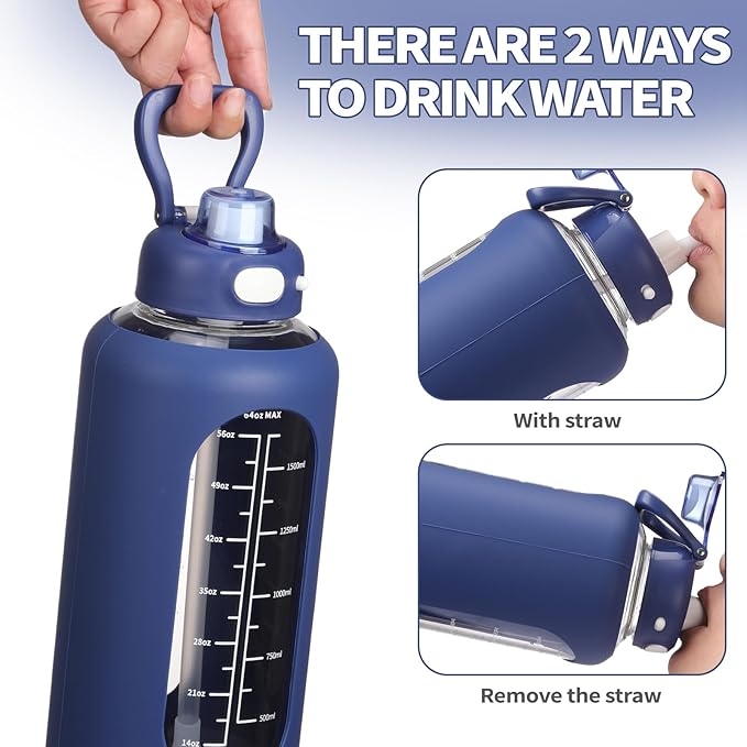 SIEROZUR 64 oz Glass Water Bottle with Straw and Handle Half Gallon Large Water Bottle with Silicone Sleeve and Time Marker Sports Water Jug Wide Mouth for Travel Gym