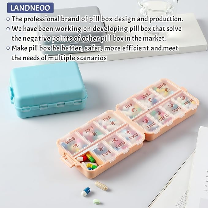 NEW Foldable & Double Protection Portable Weekly Pill Organizer 2 Times A Day with Etched Labels, AM PM 7 Day Week Medicine Box, Daily Travel Pill Case Holder Dispenser for Vitamin, Supplement - Khaki
