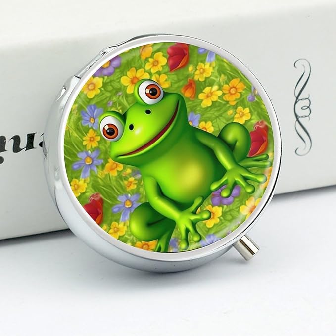 Frog Pill Box Travel Pill Case for Purse Pocket Weekly Medicine Organizer with Mirror 3 Compartment Round Medicine Case Portable PillcaseHolder for Daily