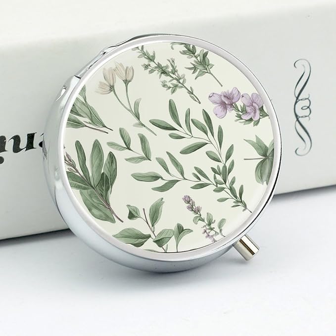 Green Flower Herb Sage Leaves and Branches Pill Box Travel Pill Case for Purse Pocket Weekly Medicine Organizer with Mirror 3 Compartment Round Medicine Case Portable PillcaseHolder for Daily