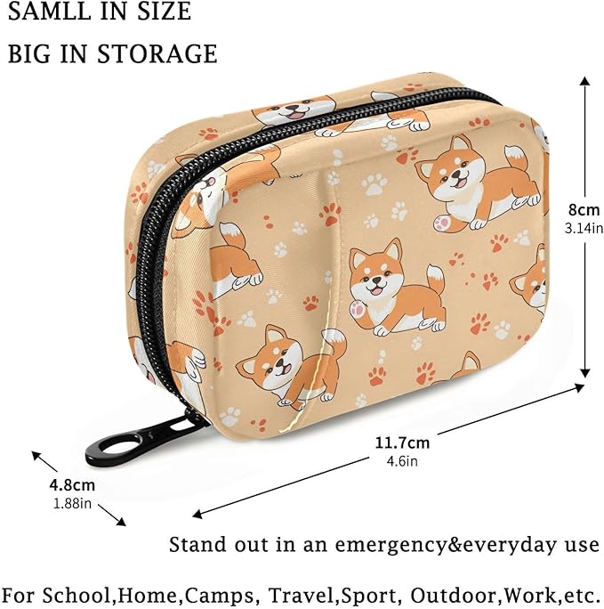 Fustylead Cute Shiba Inu and Paw Prints Pill Organizer Travel Portable Zipper Cloth Bag for Holding Weekly Supplements Vitamins and Fish Oils