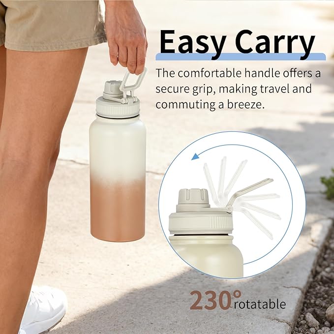 Motivational Water Bottle 32oz with Time Marker- Leakproof & BPA Free Sports Water Bottle with Straw & Carry Strap for Gym, Travel and Outdoor Sports (Stainless steel insulation-Brwom)