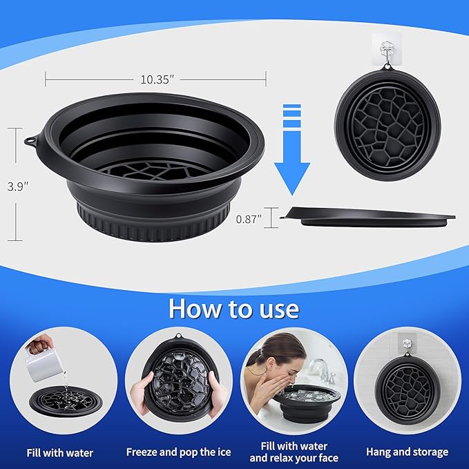 Foldable Face Bowl for Ice with Built-in Ice Tray & Hanging Hook - Collapsible Silicone Facial Bath Bowl for Cold Plunge Therapy, Skin Tightening, Pore Minimizing - Portable for Home, Travel(Black)