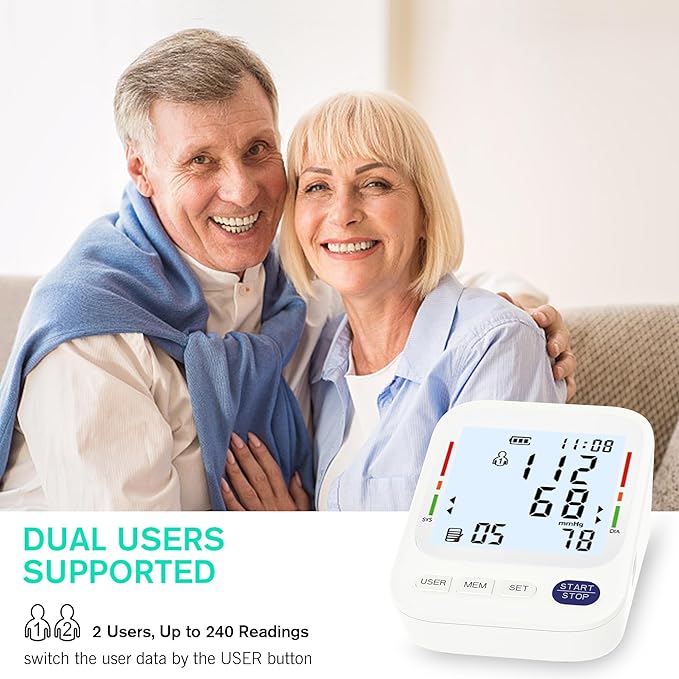 P PANACARE Upper Arm Blood Pressure Monitor – Large LCD Display BP Machine, 2-User 240 Memory, Irregular Heartbeat Detection, Wide Cuff 8.7"-20.5", Type-C Power