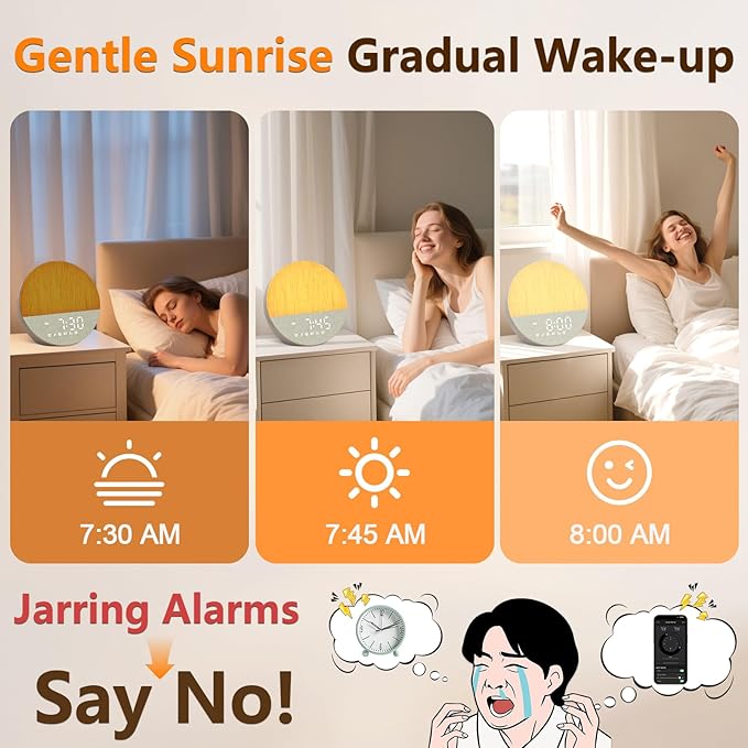 Sunrise Alarm Clock for Heavy Sleepers: White Noise Machine with 30 Sleep Relax Sounds 32 Volume - Painless Gradual Wake Up Light 20 Brightness with Bluetooth Memory Function for Bedroom - Gray