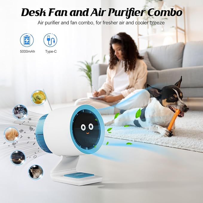 Desk Fan, Small Fan for Bedroom , Portable Fan with Air Purifier,Personal Fan with Four Different Emotions,Desk Fans Small Quiet,4 Speed Adjustment,Cooling Fan for Home, Office, Bedroom(5000mAh)