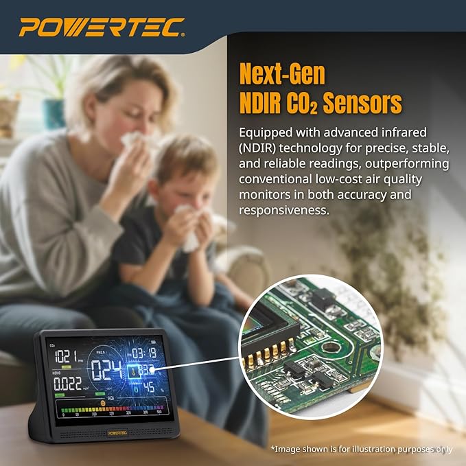 POWERTEC AD1001 Air Quality Monitor with 7" LCD Display - Multi-Sensor CO₂, PM2.5, PM10, TVOC, HCHO, Detector, NDIR Sensors, Rechargeable Indoor/Workshop Air Monitor