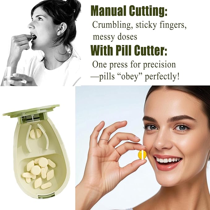 Avocado-Shaped Pill Cutter, Splitter for Small & Large Pills, 2-Compartment, Green, 1 Count