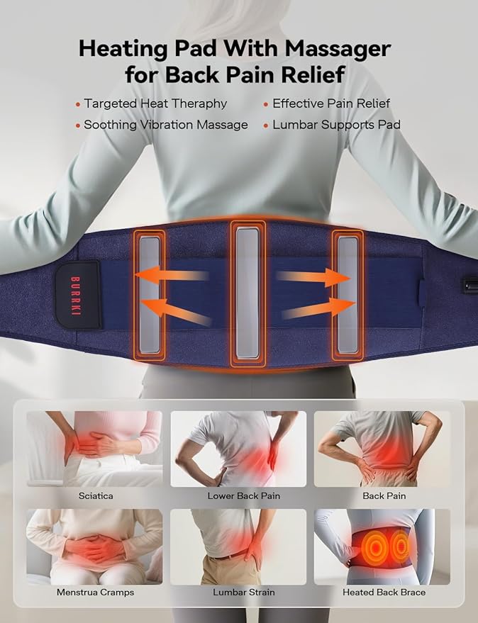 Heating Pad with Massager for Back Pain Relief, 47-60" Electric Lower Back Massager Wearable Heating Pad for Cramps with 3 Heat&Timer, 5 Vibration Back Brace Birthday Valentine's Gift for Men Women