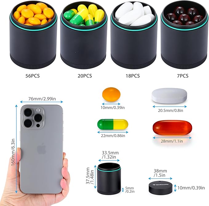 Pill Case Compatible with AirTag, Waterproof Aluminum Pill Box for Travel, Portable Single Day Pill Holder for Medicine Vitamin Fish Oil or Earplugs, Jewelry and Pill Storage (Black)