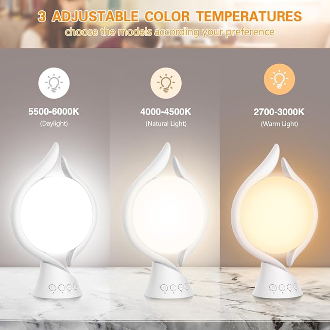 Voraiya Light Therapy Lamp 10000 Lux, UV-Free Therapy Light with 5 Brightness, 3 Color Temperature, 4 Timer, Memory Function, Full Spectrum, Bright Seasonal Sun Light Lamp for Bedroom, Office