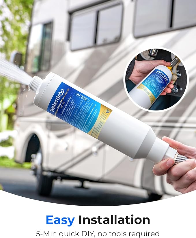 Waterdrop RV/Marine Water Filter with 1 Flexible Hose Protector, Camper Water Filter, Garden Hose Filter, NSF Certified, Greatly Reduces Chlorine, Bad Taste, Odor, 2 Pack
