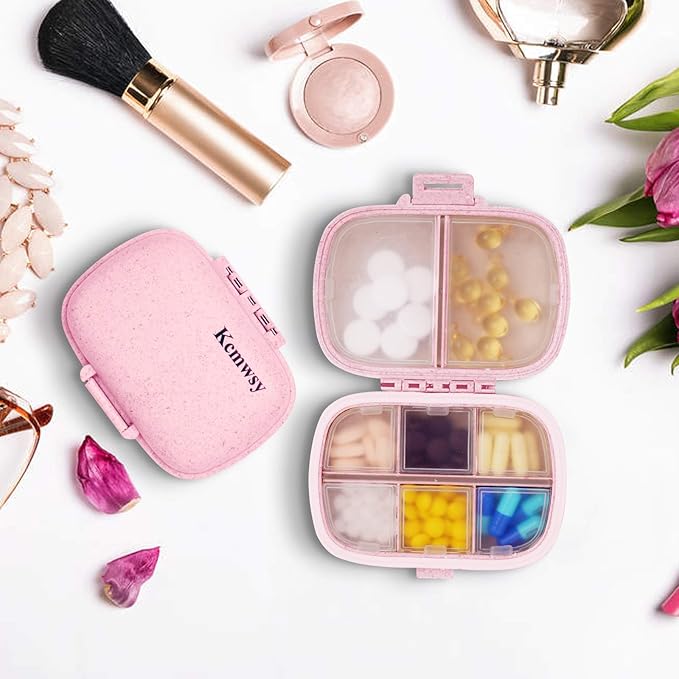 Travel Pill Organizer Small Pill Box Portable Daily 8 Compartment Pill Case for Purse Pocket Medicine Vitamin Holder Container（Wheat Pink）