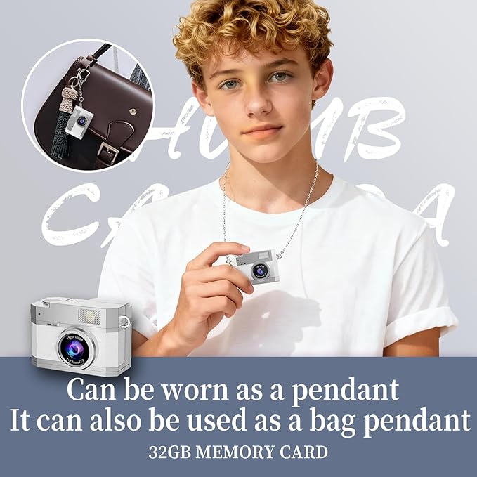 ‌Mini Keychain Digital Camera White - HD Mini Digital Camera with 0.96" Flip Screen & 32GB Card, Portable Wearable Keychain Camera for Bag Charm, Necklace Pendant, Selfie, for Mom