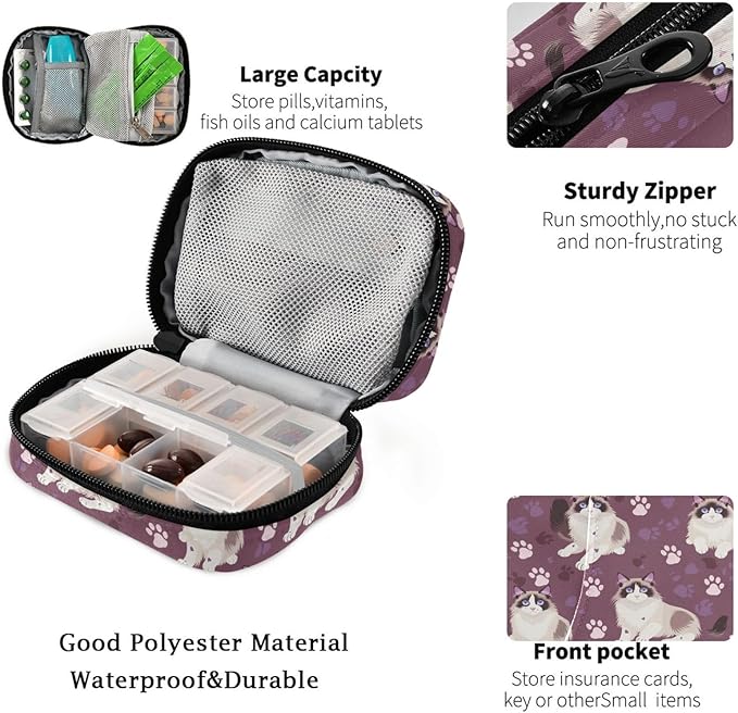 Fustylead Pill Organizer Travel Bag, Small Portable Pill Case Cute for Vitamin Fish Oil Supplements Medicine Organizer with Zipper (Purple01 Ragdoll Cat)