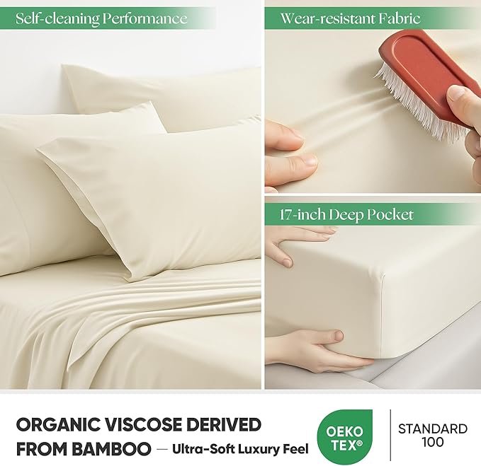 Silver Infused Bed Sheets Set, Temperature-Regulating Fabric with Self-Cleaning Technology for 3X Freshness Sleep, Genuine Organic Viscose Derived from Bamboo (OffWhite, King)