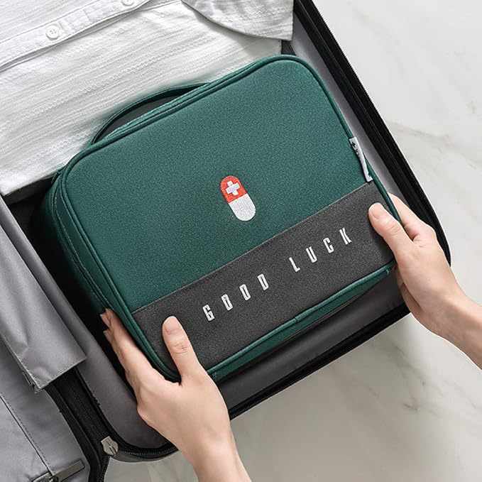 First Aid Kit Bag Empty Travel Medication Pouch Big Zippered Oxford Medical Survival Kit Carrier Handy Medicine Pills Drugs Package Organizer with 5 Pocket+1 Main Holder-9.8x7.9x5.3Inch (Green-L)
