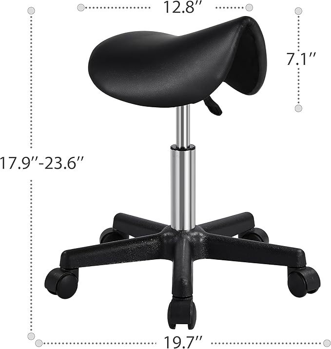 Yaheetech Saddle Stool Rolling Saddle Chair with Wheels Swivel Adjustable Stools for Hair Stylist/Lash Tech PU Leather Tattoo Massage Chair, Black