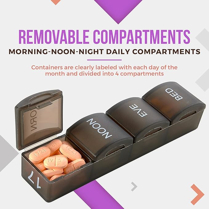Month Pill Box Organizer - 4 Times-a-Day Morning-Noon-Evening-Night - Large 32 Daily Pill Cases with Compartments for Vitamins, Supplements, Medication -Travel Monthly Pill Organizer, Black
