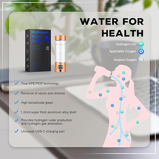 Hydrogen Water Bottle Generator with SPE/PEM–Portable Molecular Hydrogen Rich Water Machine, Rechargeable,5000 ppb,LED Timer for Home, Office, Travel, Sports,Birthday & Christmas Gift