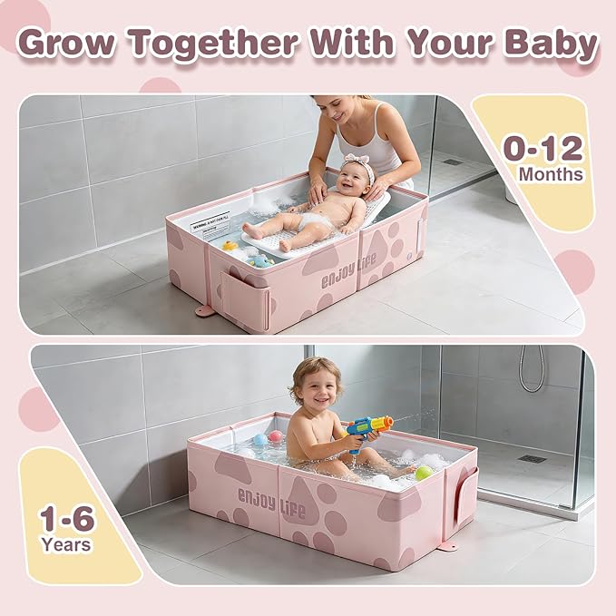 Baby Bathtub, Portable & Collapsible Bath Tub for Infant and Toddler, Foldable Toddler Tub for Small Bathroom, Newborn Baby Bath Essentials for Travel & Beach, Bañera para Bebé, Pink