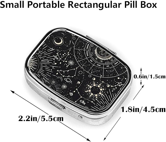 ABLESKY Pill Box, 2 Compartment Pill Organizer Case for Pocket or Purse, Small Portable Metal Travel Medicine Box with Mirror, Daily Vitamins Fish Oil Container-Tarot Constellation Moon Sun