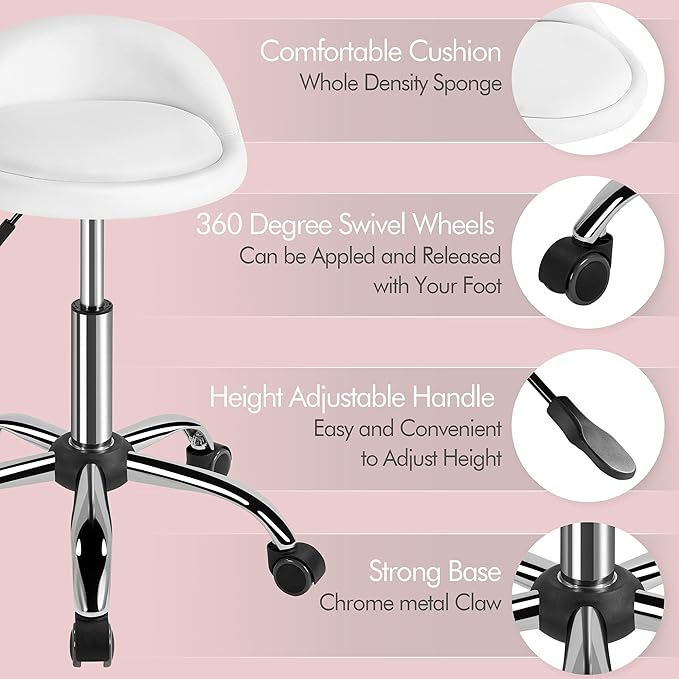Yaheetech Rolling Stool Adjustable Swivel Stools Chair with Wheels & Back Support Round Tattoo PU Leather Salon Stools for Massage Spa, White