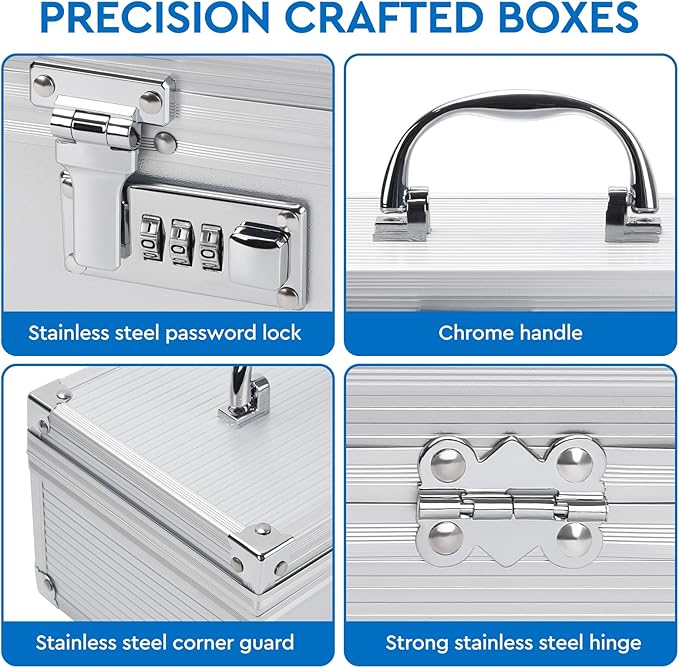 Travel Storage Safe Locking Box With 6 PCS Accessories, Durable Medicine Protect Case with Combination Lock for Home and Travel，Childproof Pill Box Organizer for Valuables, Silver