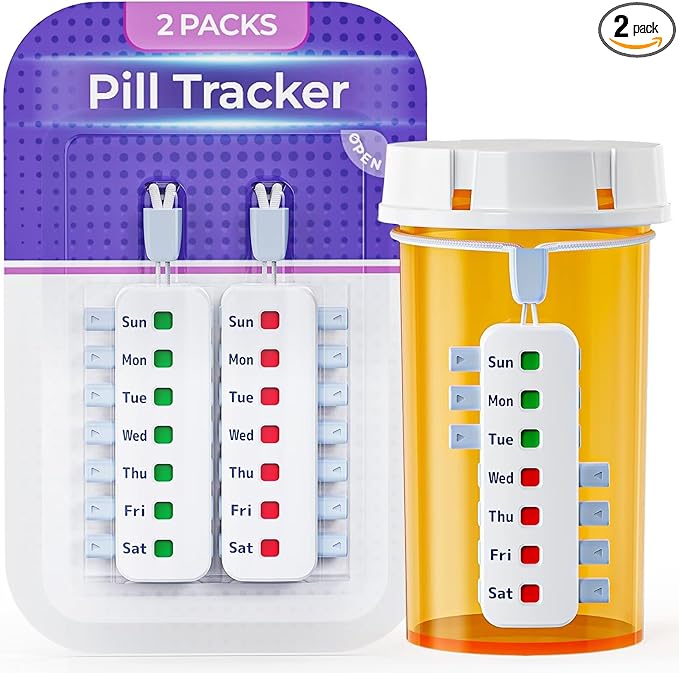 FEATY Pill Reminder for Meds Bottles, Arthritis-Friendly Pill Tracker with Anti-Slide Design, Reusable Medication Tracker for Pet Meds Without Filling, Compact Medication Reminder, 2 Packs