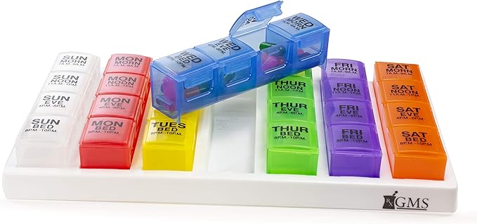 GMS 7 Day Pill Organizer Tray - Large with Removable Daily Pill Boxes with 4 Compartments Each for Storing and Organizing Prescriptions and Other Meds - Rainbow