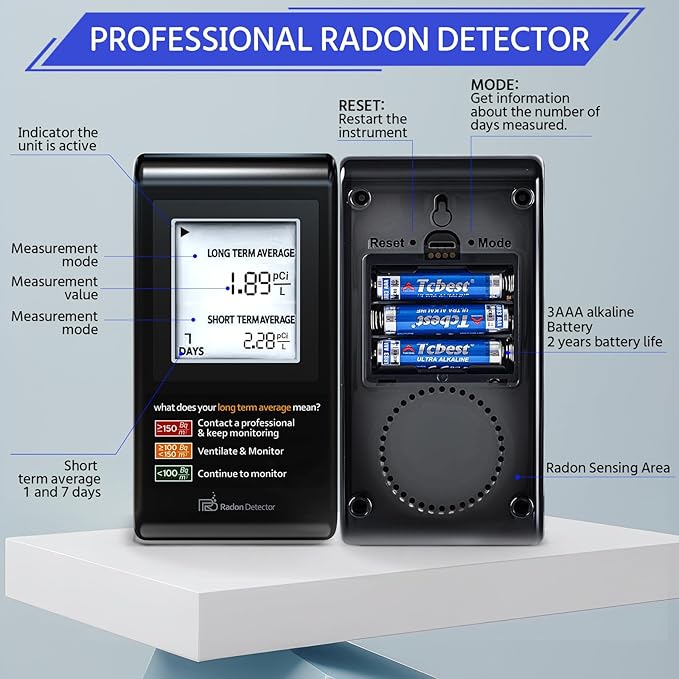 Home Radon Detector with Bracket，Portable Radon Test Kit for Home with Long and Short Term Radon Monitoring, Lightweight, Easy-to-Use, AAA Battery-Powered USA Version, PCi/L, Black