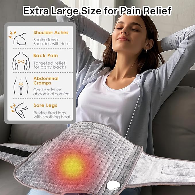 Extra Large Heating Pad for Period Cramps/Back Pain Relief,16 * 24" Heat Pad+27" Belt Wearable（51" in Total 4 Timer(0.5H/1H/2H/4H) 9 Heat 10ft Long Cord Electric Wrap Around Heating Pad(Gray)