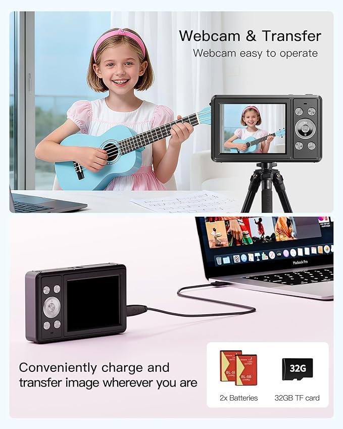 Digital Camera, FHD 1080P Point and Shoot Camera with 32GB SD Card, 2 Batteries, 16X Zoom, Anti Shake, Compact Small Design for Kids Teens Students Girls Boys (Black)