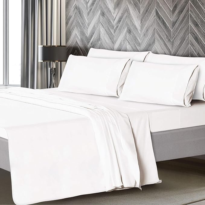 Mueller Luxury 6 PC Full Size Bed Sheets, Super Soft 1800, Deep Pocket up to 16" Full Size Sheets, Transfers Heat, Breathes Better, Hypoallergenic, Wrinkle-Resistant, Oeko-TEX, White